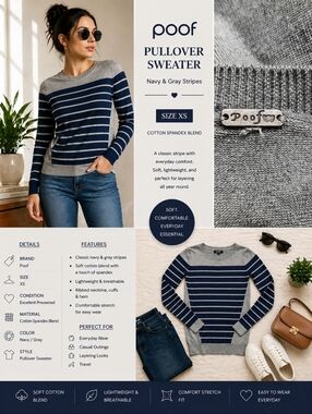 Poof Navy Gray Striped Pullover Sweater XS Cotton Spandex Lightweight Stretch
